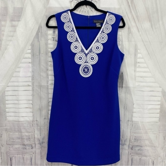 Jessica Howard Size 10 Petite Blue White Crochet-Trim Dress Sleeveless V Neck - Picture 6 of 12